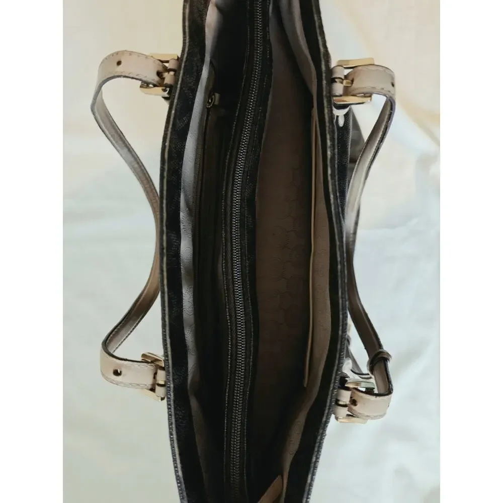 Michael Kors Jet Set Travel Signature Brown PVC Tote Shoulder Bag Front Pocket